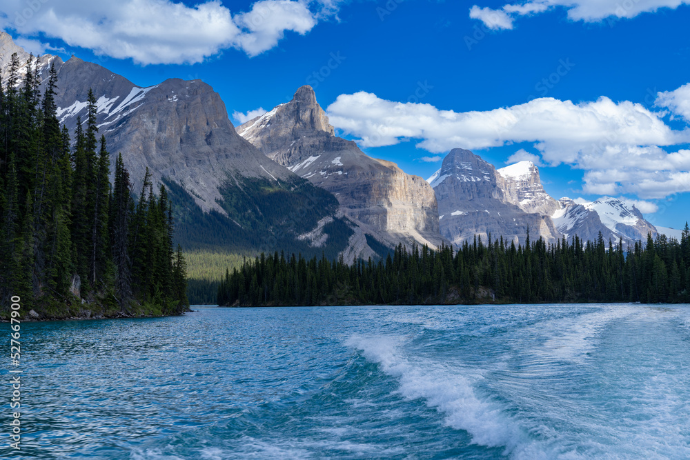 Maligne Lake as seen from the water, on a sunny summer day in Jasper National Park Canada