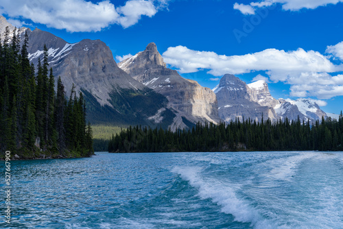 Maligne Lake as seen from the water  on a sunny summer day in Jasper National Park Canada