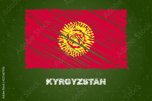 Kyrgyzstan flag with chalk effect on green chalkboard, hand drawing country flag, flag for kids, classroom material