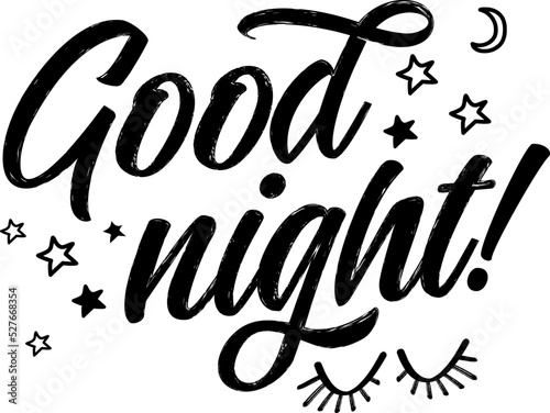 Good night - funny saying in isolated. Lettering poster or t-shirt textile graphic design. Handwritten room decoration with moon, stars and closed eyes.