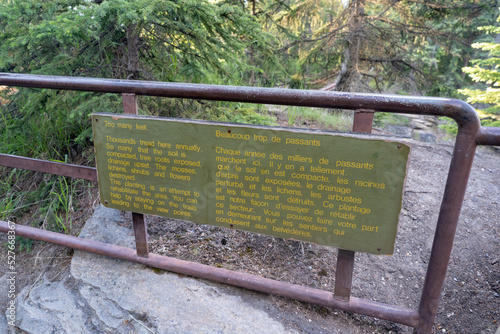 Restoration area sign at Athabasca Falls to rehabilitate the area from too many people damaging the soil