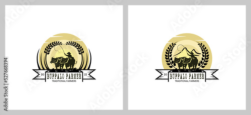 Vintage buffalo farmer logo design, paddy farmer vector illustration