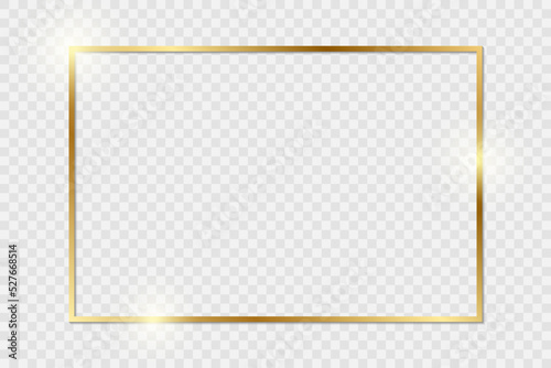 Gold shiny glowing vintage frame with shadows isolated on transparent background. Golden luxury realistic rectangle border. Stock royalty free vector illustration. PNG