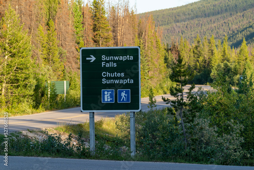 Directional sign for Sunwapta Falls waterfall tourist attaction along the Icefields Parkway in Jasper National Park photo