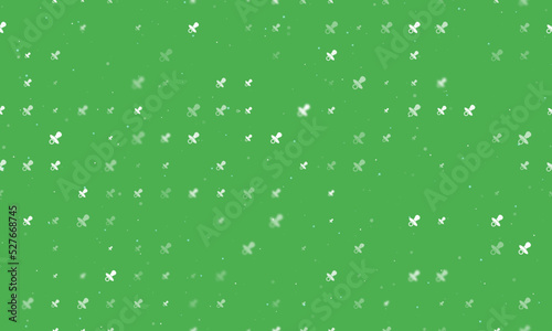 Seamless background pattern of evenly spaced white nipple symbols of different sizes and opacity. Vector illustration on green background with stars