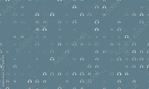 Seamless background pattern of evenly spaced white headphones symbols of different sizes and opacity. Vector illustration on blue grey background with stars