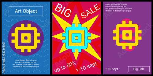Trendy retro posters for organizing sales and other events. Large chip symbol in the center of each poster. Vector illustration on black background