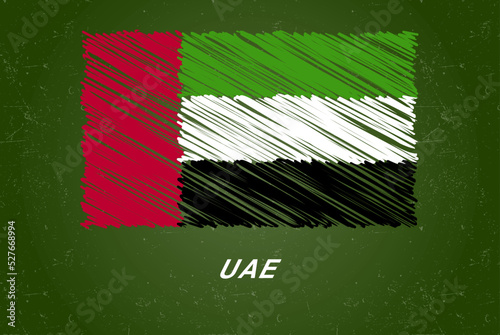 UAE flag with chalk effect on green chalkboard, hand drawing country flag, flag for kids, classroom material