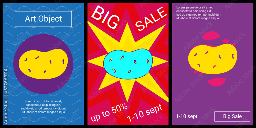 Trendy retro posters for organizing sales and other events. Large potatoes symbol in the center of each poster. Vector illustration on black background Trendy retro posters for organizing sales and other events. Large potatoes symbol in the center of each poster. Vector illustration on black background