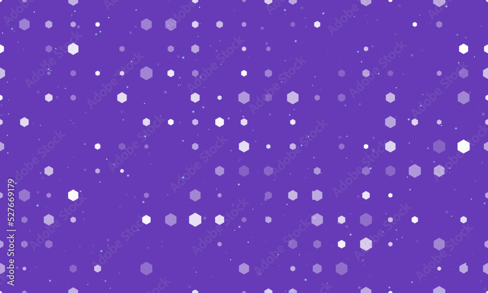 Seamless background pattern of evenly spaced white hexagon symbols of different sizes and opacity. Vector illustration on deep purple background with stars