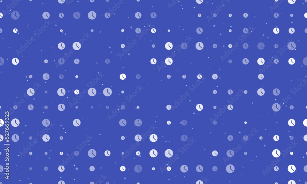 Seamless background pattern of evenly spaced white time symbols of different sizes and opacity. Vector illustration on indigo background with stars