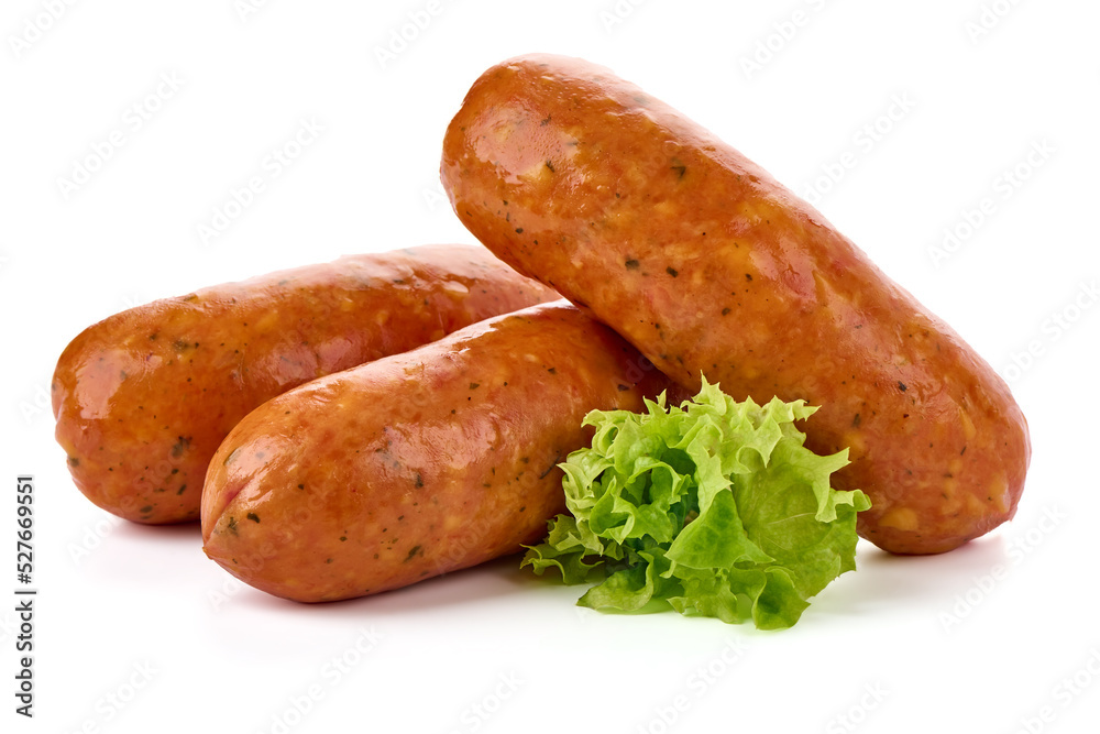 Smoked bratwurst sausages, isolated on white background. Smoked bratwurst sausages, isolated on white background.