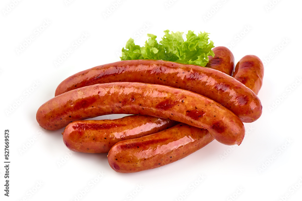 Roasted sausages, barbecued sausages, isolated on white background. Roasted sausages, barbecued sausages, isolated on white background.