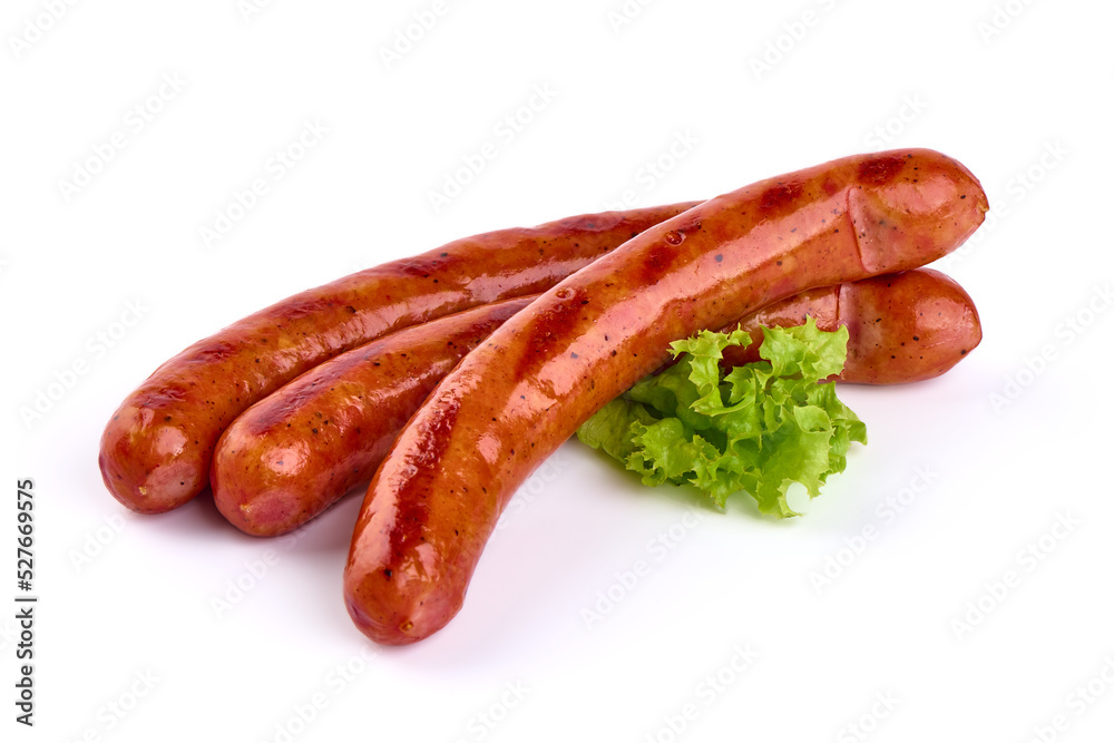 Roasted sausages, barbecued sausages, isolated on white background.