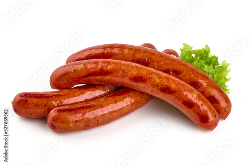 Roasted sausages, barbecued sausages, isolated on white background.