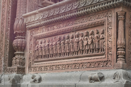 Decorative wall sculptures of Boliya Sarkar ki Chhatri, Indore, Madhya Pradesh. Also Known as Malhar Rao Chhatri. Indian Architecture. Ancient architecture of Indian temple. photo