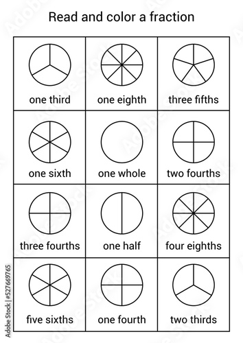 Read and color a fraction. Math fraction worksheet