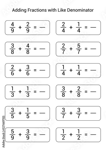 Adding fraction with like denominators. math fraction worksheet