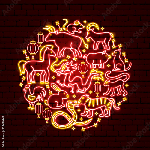 Chinese Zodiac Neon Concept. Vector Illustration of Asia Promotion.