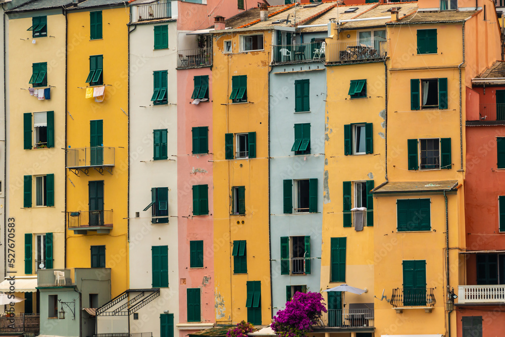 Typical Colorful Houses of Cinque Terre and Liguria in Italy, town of Portovenere Close-Up