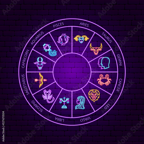 Horoscope Neon Circle. Vector Illustration of Zoodiac Promotion.