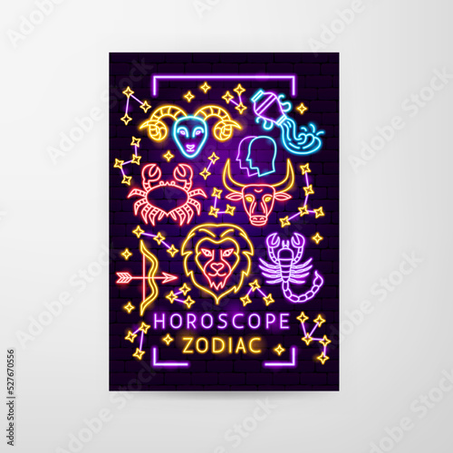 Horoscope Zodiac Neon Flyer. Vector Illustration of Astrology Promotion.
