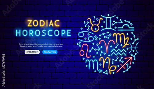Zodiac Horoscope Neon Banner Design. Vector Illustration of Astrology Promotion.