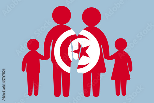 Tunisia flag with family concept, parent and kids holding hands, immigrant idea, flat design asset photo