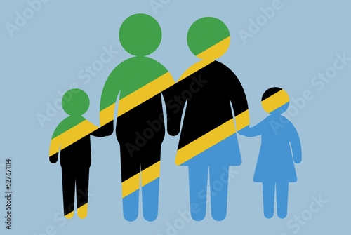 Tanzania flag with family concept, parent and kids holding hands, immigrant idea, flat design asset