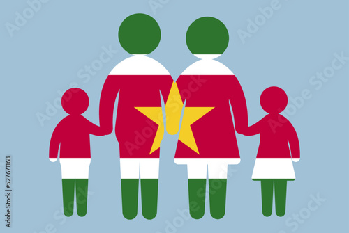 Suriname flag with family concept, parent and kids holding hands, immigrant idea, flat design asset