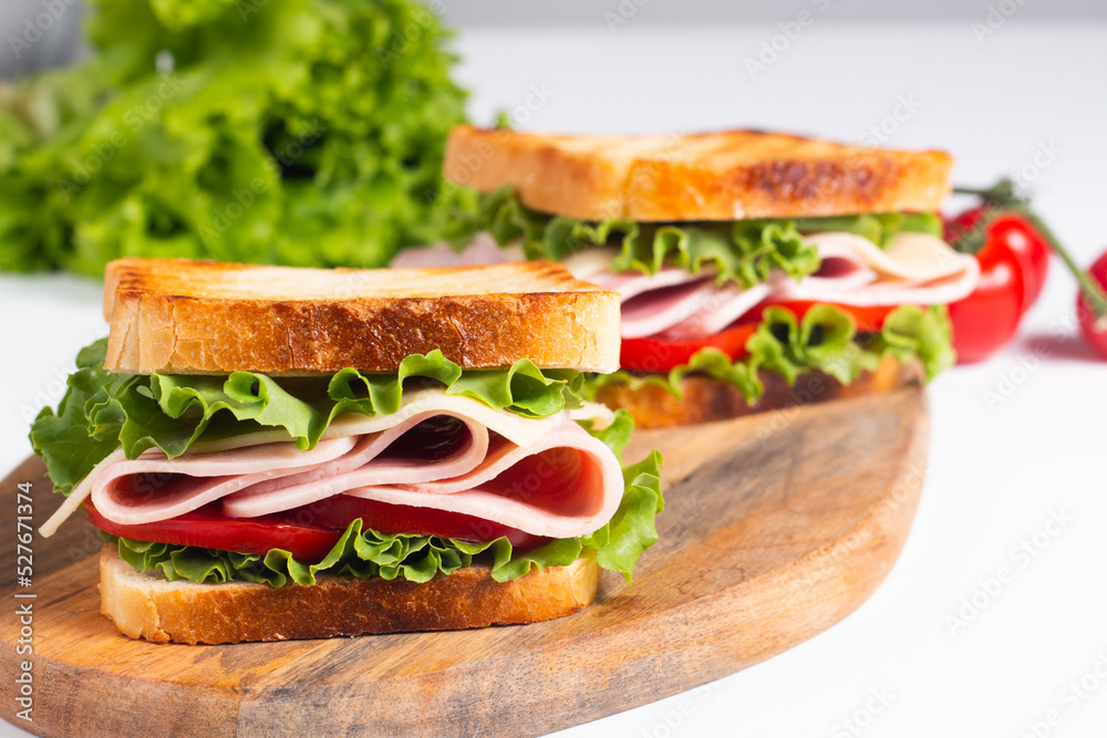 Close-up photo of an American club sandwich. Fast food concept. Close-up photo of an American club sandwich. Fast food concept.