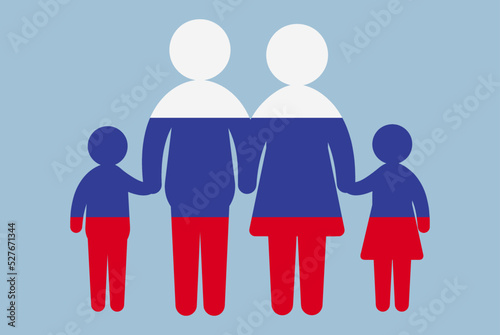 Russia flag with family concept, parent and kids holding hands, immigrant idea, flat design asset