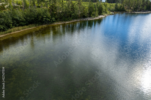 The shore of a forest lake. Aerial top view.