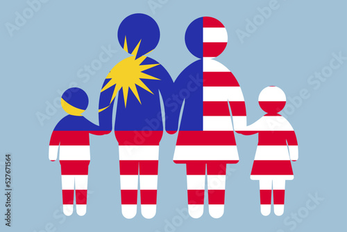 Malaysia flag with family concept, parent and kids holding hands, immigrant idea, flat design asset