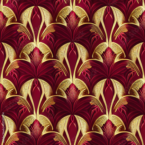Seamless abstract gold art deco pattern on red wine background. Repeat pattern for wallpaper, fabric and paper packaging, curtains, duvet covers, pillows, digital print design