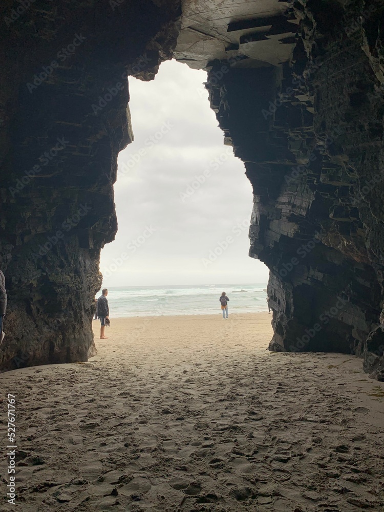 Inside view in a cave Playa las catedrales Catedrais beach in Ribadeo Galicia of Lugo Spain