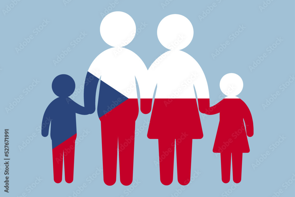 Czech Republic flag with family concept, parent and kids holding hands, immigrant idea, flat design asset