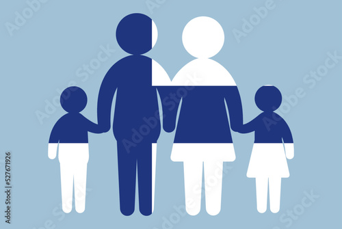 Finland flag with family concept, parent and kids holding hands, immigrant idea, flat design asset