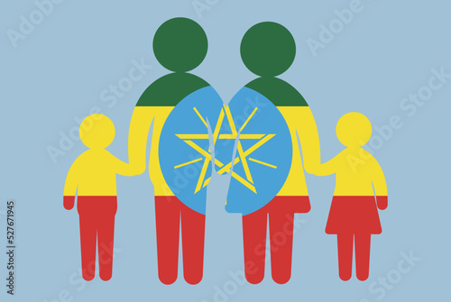 Ethiopia flag with family concept, parent and kids holding hands, immigrant idea, flat design asset