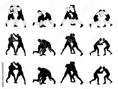 Athlete wrestler in wrestling, duel, fight. A pack of silhouettes Greco Roman, freestyle, classical wrestling.