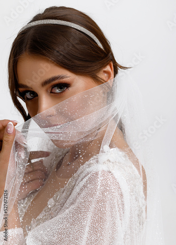 Portrait of sensual young bride woman looking into the camera covers the face with a veil. Caucasian brunette bride woman model in elegant wedding dress and makeup. Bride to be.