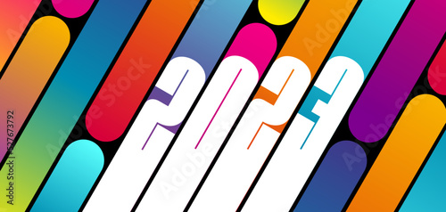 2023-Bannière ou carte de vœux au graphisme moderne en biais avec les chiffres de la nouvelle année en blanc sur un fond dégradé fluorescent aux couleurs multiples