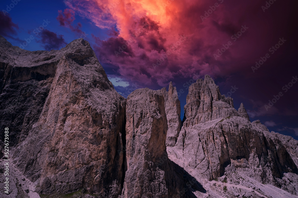 aerial view of the vajolet towers in the trentino dolomites at sunset