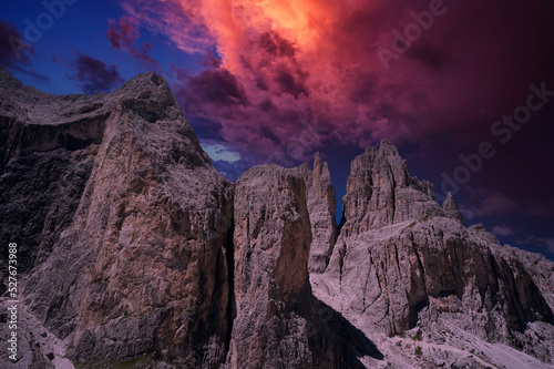 aerial view of the vajolet towers in the trentino dolomites at sunset