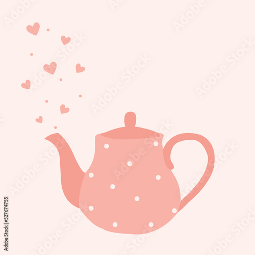 Pink teapot with hot black tea illustration. Vector kettle for template and poster print in pink style.