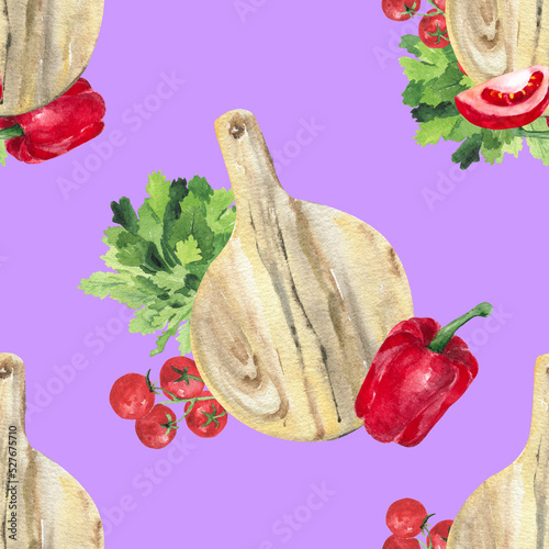Seamless pattern with parsley, sweet pepper, tomatoes and a wooden cutting board. Bright background for kitchen, wallpaper and textiles. Watercolor drawing of juicy vegetables.