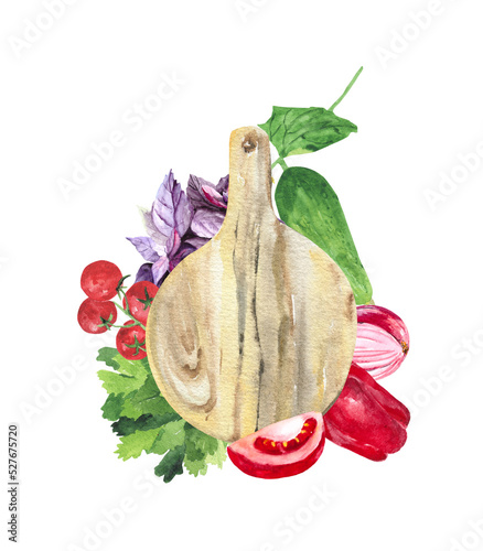Watercolor drawing: wooden board and vegetables- onion, tomato, cucumber, parsley, basil, pepper for kitchen design, books, textiles, office and packaging.