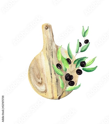 Watercolor drawing: olives and a wooden cutting board isolated on a white background for kitchen design, books, textiles, office and packaging. A green branch with leaves.