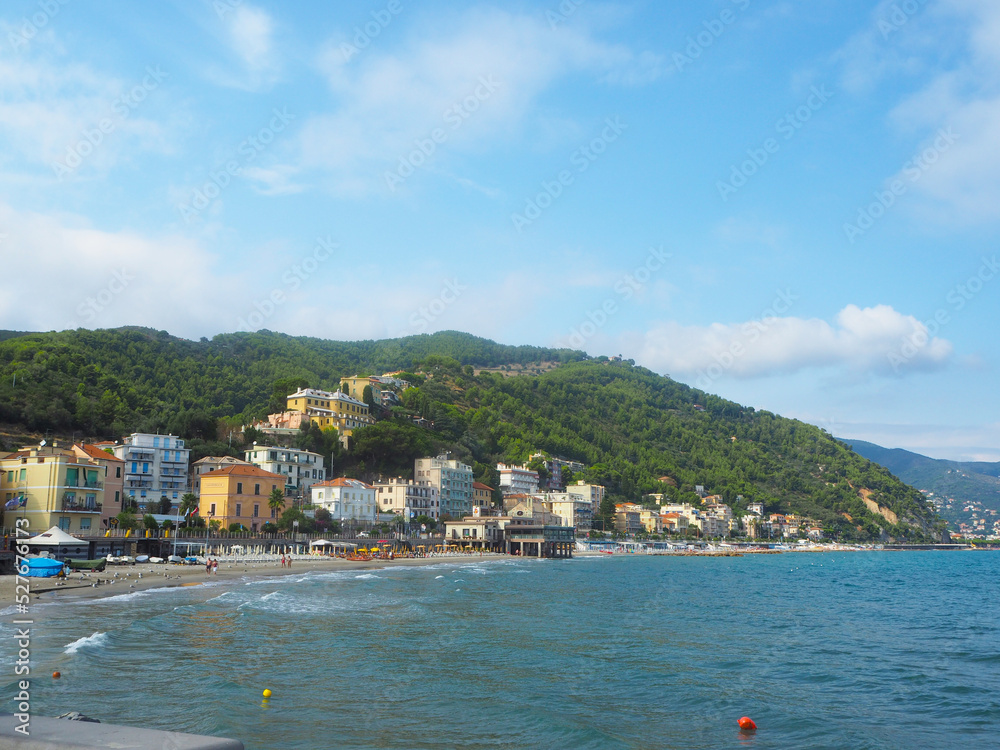 Fototapeta premium Laigueglia, Savona, Liguria, Italy - September 2019: Historical Laigueglia resort town on italian Riviera, Alassio, Liguria, Italy