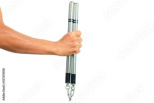 Man holding nunchaku isolated white